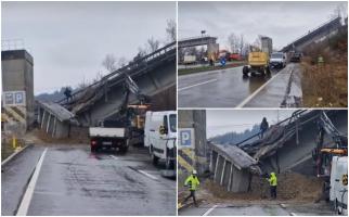 A început demolarea podului peste DN1, de la Câmpina. Trafic blocat total, se circulă pe rute alternative