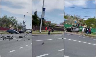 Prăpăd în Leţcani, după ce un şofer a intrat cu maşina pe contrasens. Bucăţi din caroserii au zburat zeci de metri pe şosea