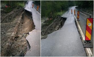 Drum naţional, prăbuşit din cauza ploilor torenţiale. O porţiune din DN74A, în Alba, s-a surpat pe o lungime de 100 de metri
