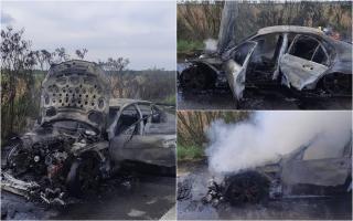 Maşină "înghiţită" de flăcări pe autostrada A1, spre Bucureşti. Focul ar fi izbucnit din portbagaj
